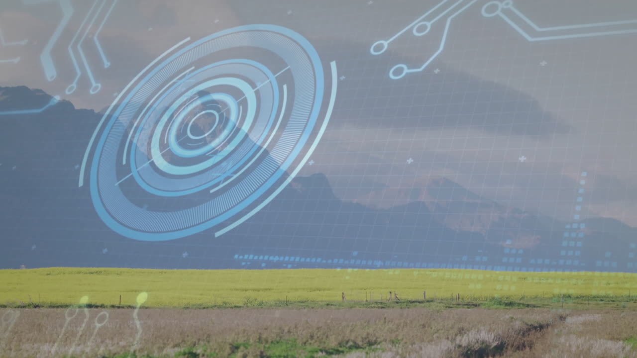 Digital HUD showing concentric circles and circuit lines overlaying rural landscape in flat style