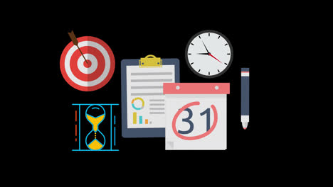 planning-with-calendar,-clock-target-animation-loop-motion-graphics-video-transparent-background-with-alpha-channel