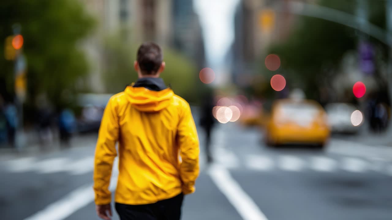 A lone figure in a yellow rain jacket walks confidently across a bustling urban street, surrounded by blurred traffic and vibrant city lights in the background