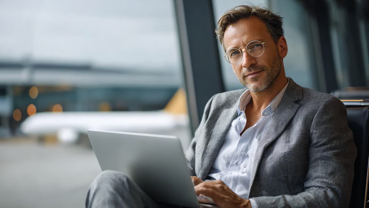 Fokuseret professionel arbejder på bærbar computer i moderne lufthavnslounge, udstråler selvtillid og sofistikering i afslappet forretningspåklædning, mens vedkommende venter på flyet