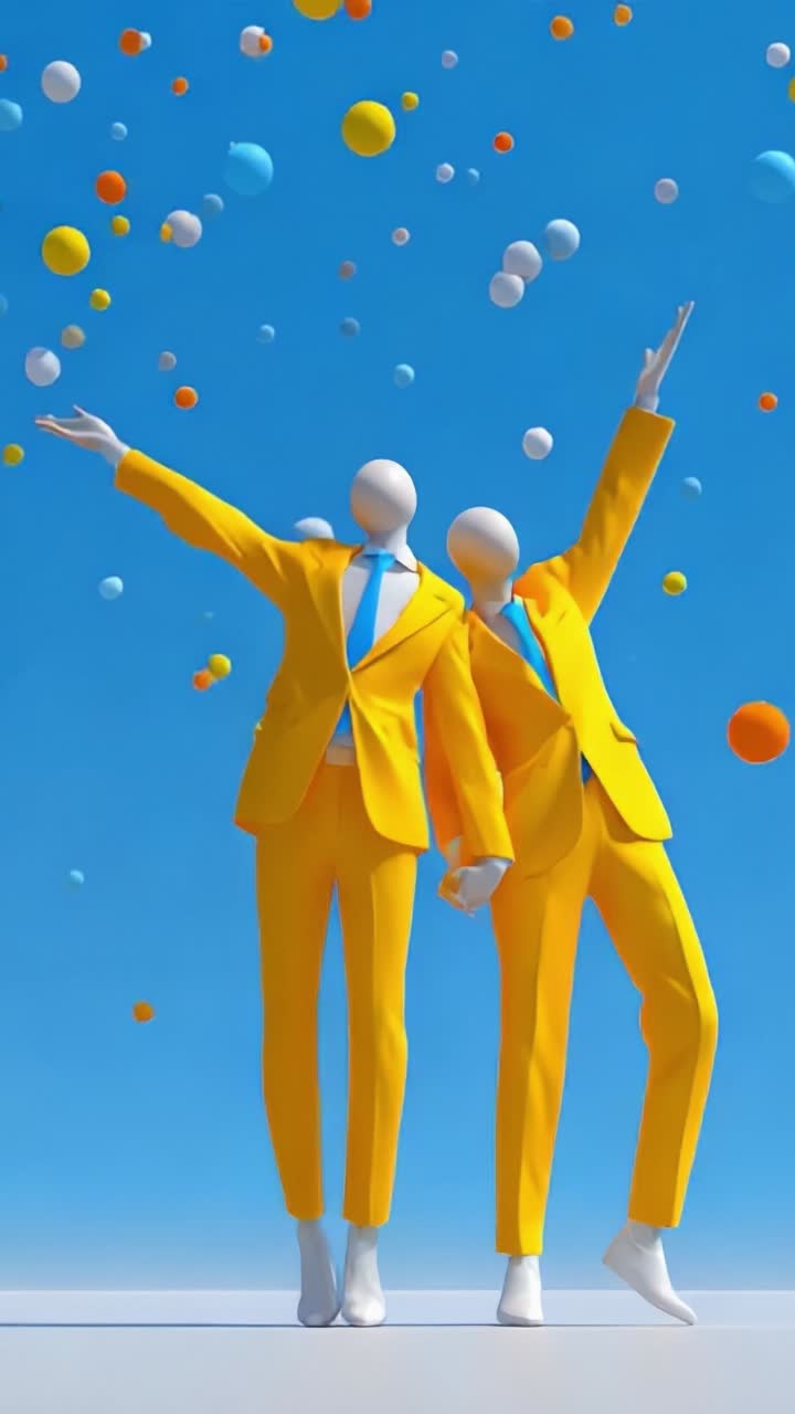 Cheerful figures in bright yellow suits playfully interacting with colorful spheres against a vibrant blue sky, creating a joyful and whimsical visual experience