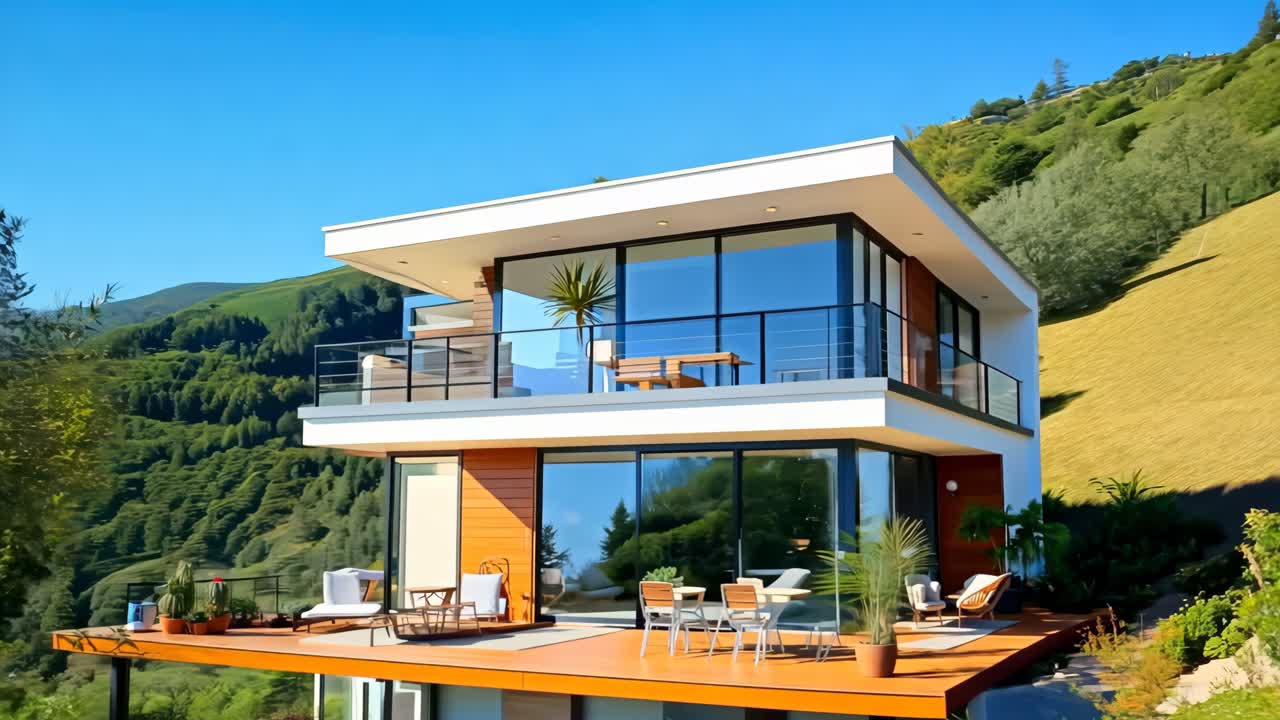 바다를 내려다보는 갑판과 발코니를 가진 현대적인 집