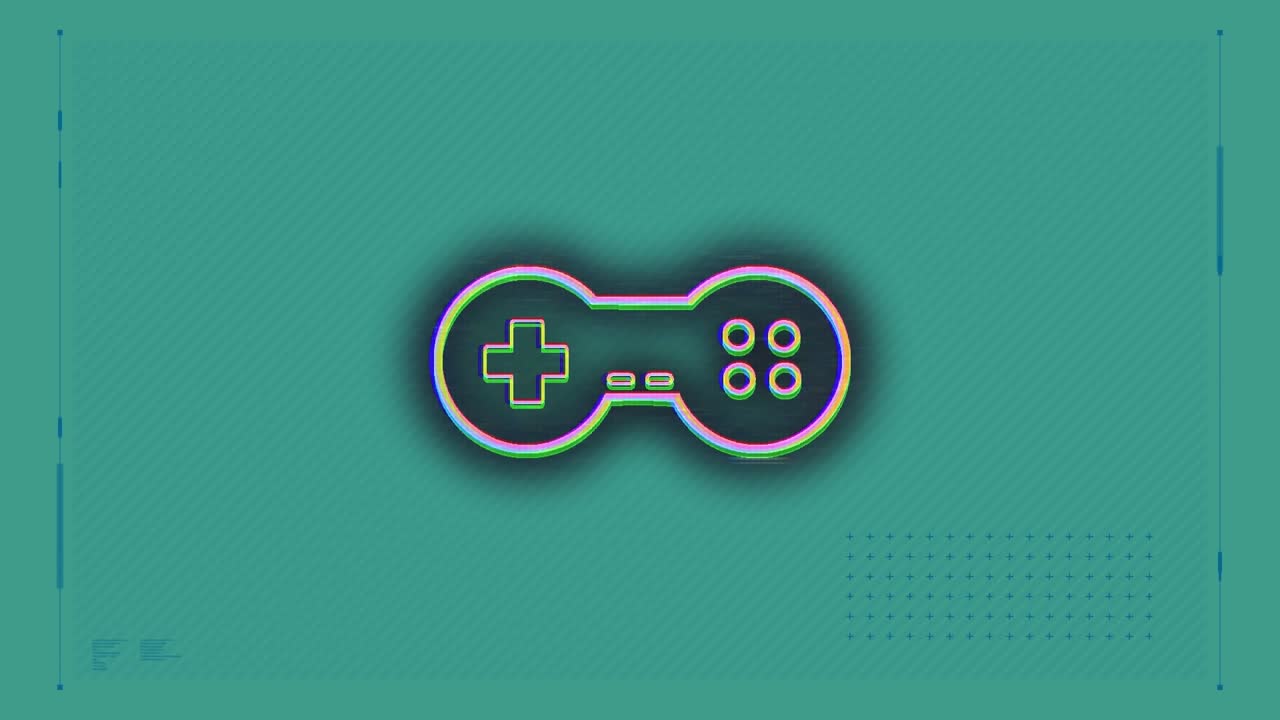 Animazione dell'effetto glitch sopra l'icona del controller di un videogioco e forme astratte su sfondo verde