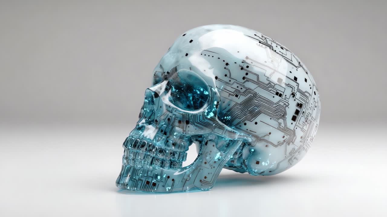 Design Futuristico di un Teschio Trasparente con Motivi a Circuito, che Fonde Tecnologia e Arte in una Rappresentazione Estetica Unica di Intelligenza e Mistero