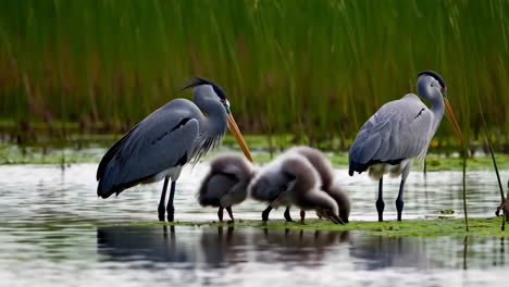a family of grey herons, including adults and young chicks, in a reedy wetland