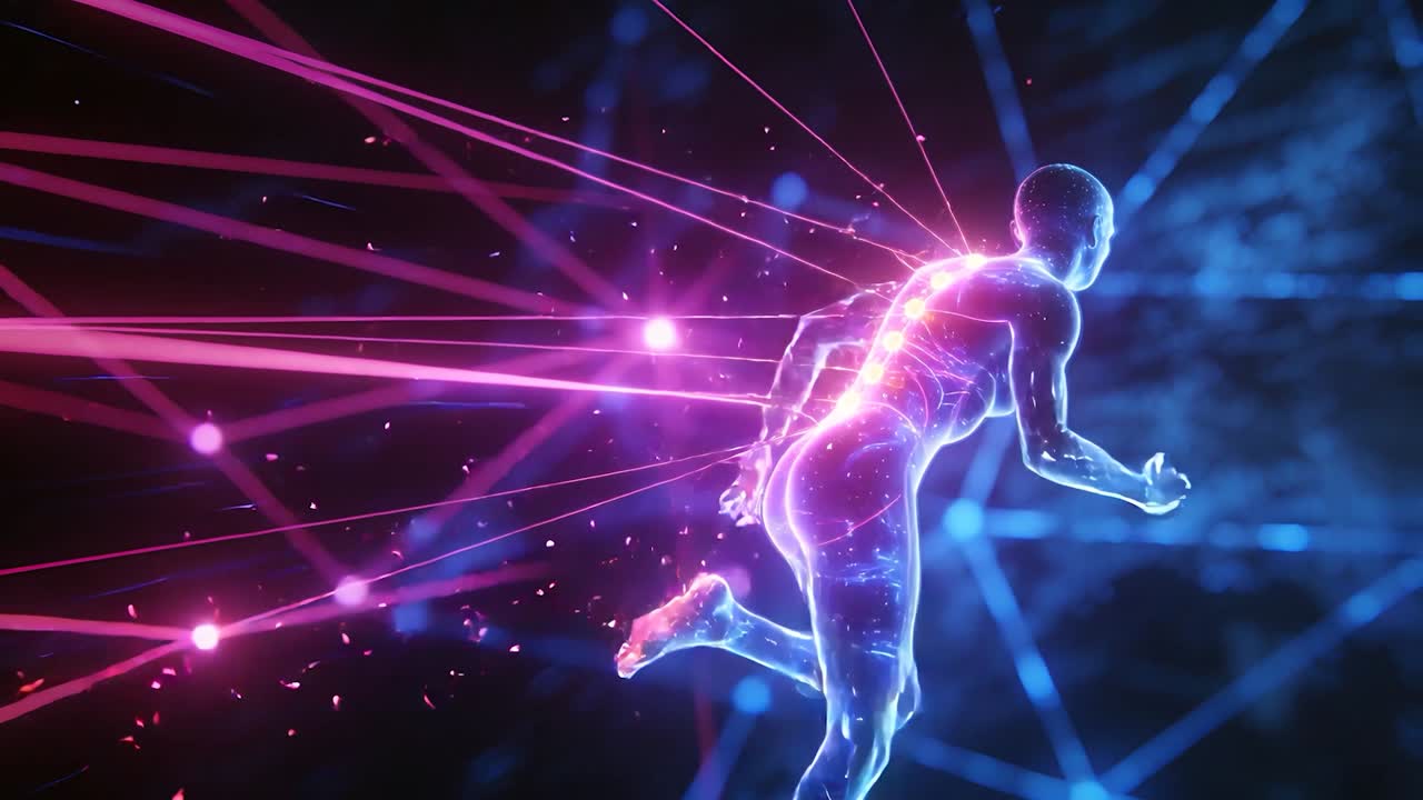 Sprinting holographic figure driving through neural network, magenta beams activating spinal nodes
