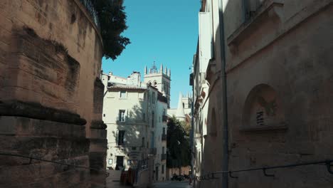 move towards the cathedral in the city center, montpellier - france