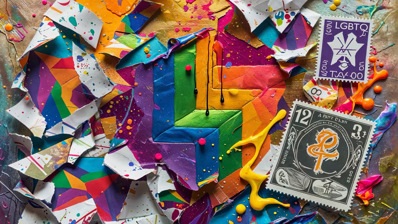 Vibrant Abstract Collage with Paper and Paint Splatters