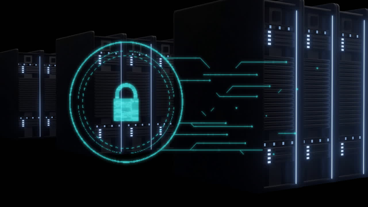 Animation of padlock icon and data processing and computer server over black background