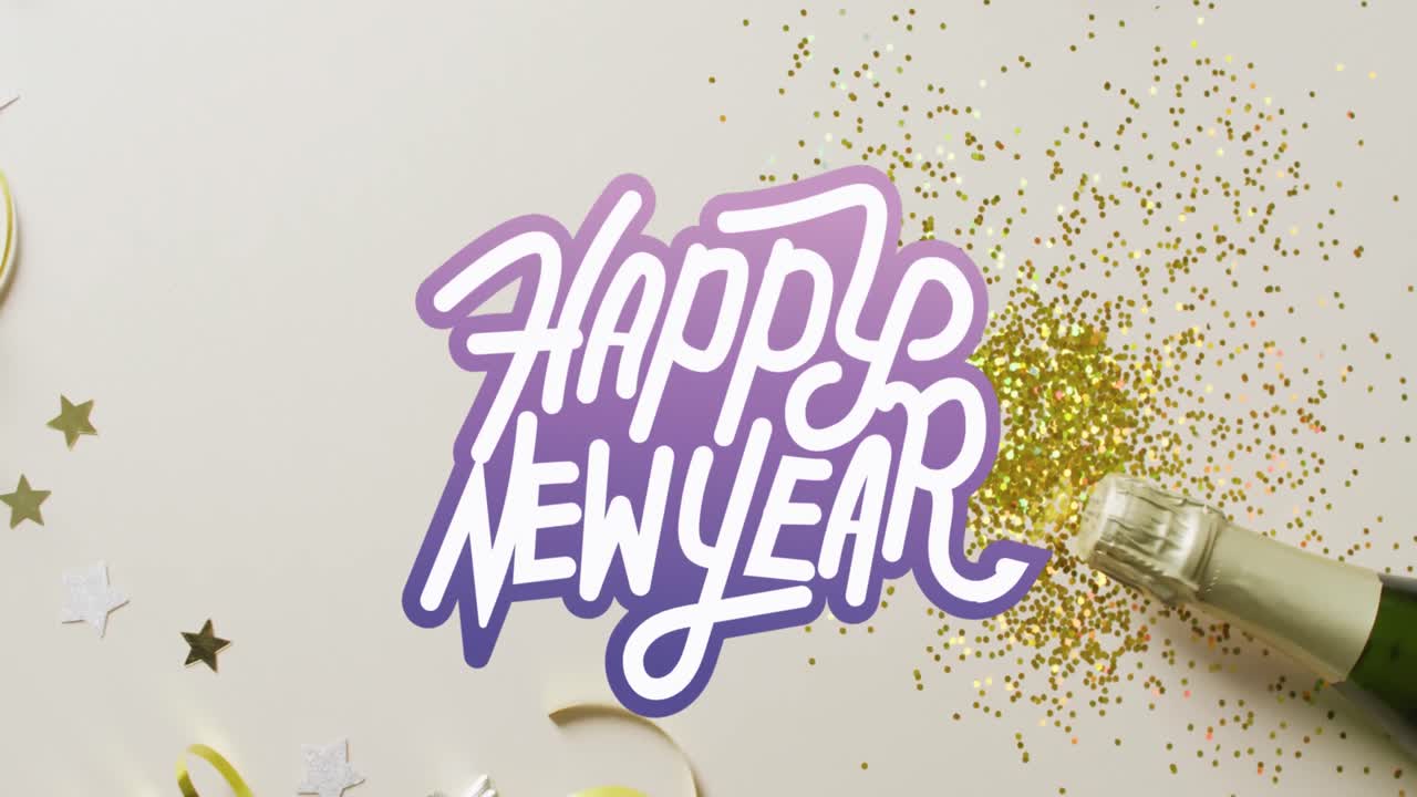 Animación de texto de Feliz Año Nuevo sobre purpurina y botella de champán