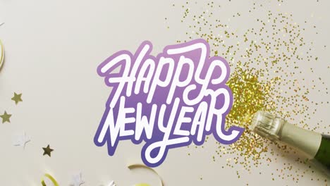 Animation-of-happy-new-year-text-over-glitter-and-champagne-bottle