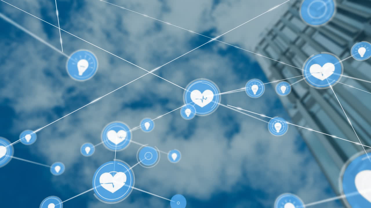 Animated health-related icons and connections over cloudy sky and building