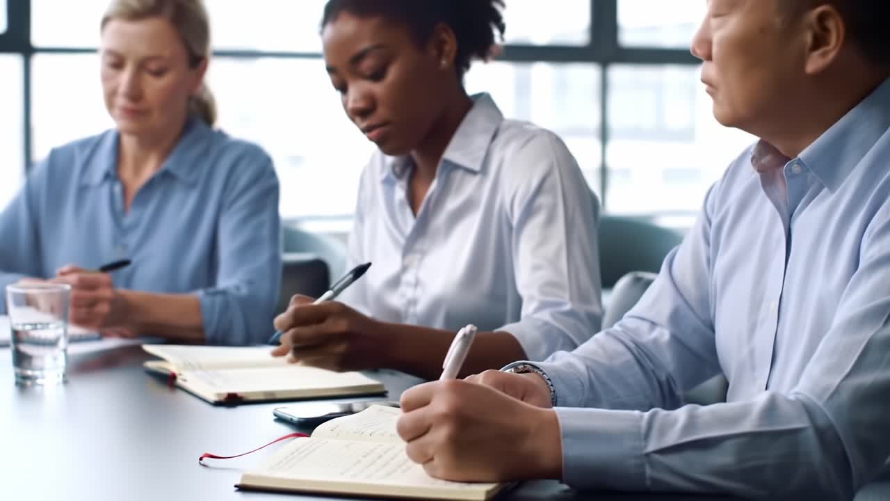 Focused Professionals Engaging in Collaborative Note-Taking During a Meeting Session, Highlighting Concentration and Teamwork in a Bright Workspace