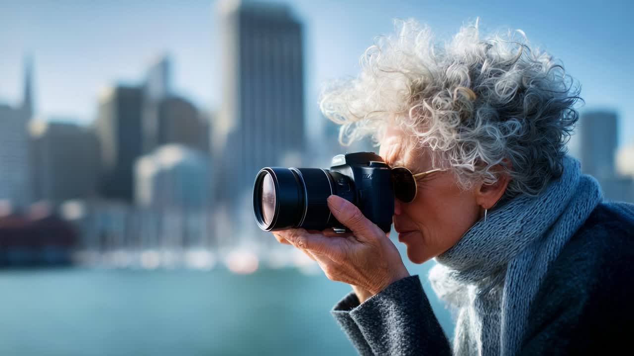 An experienced photographer captures stunning city views through her camera, showcasing her passion for photography, exploration, and the beauty of urban landscapes