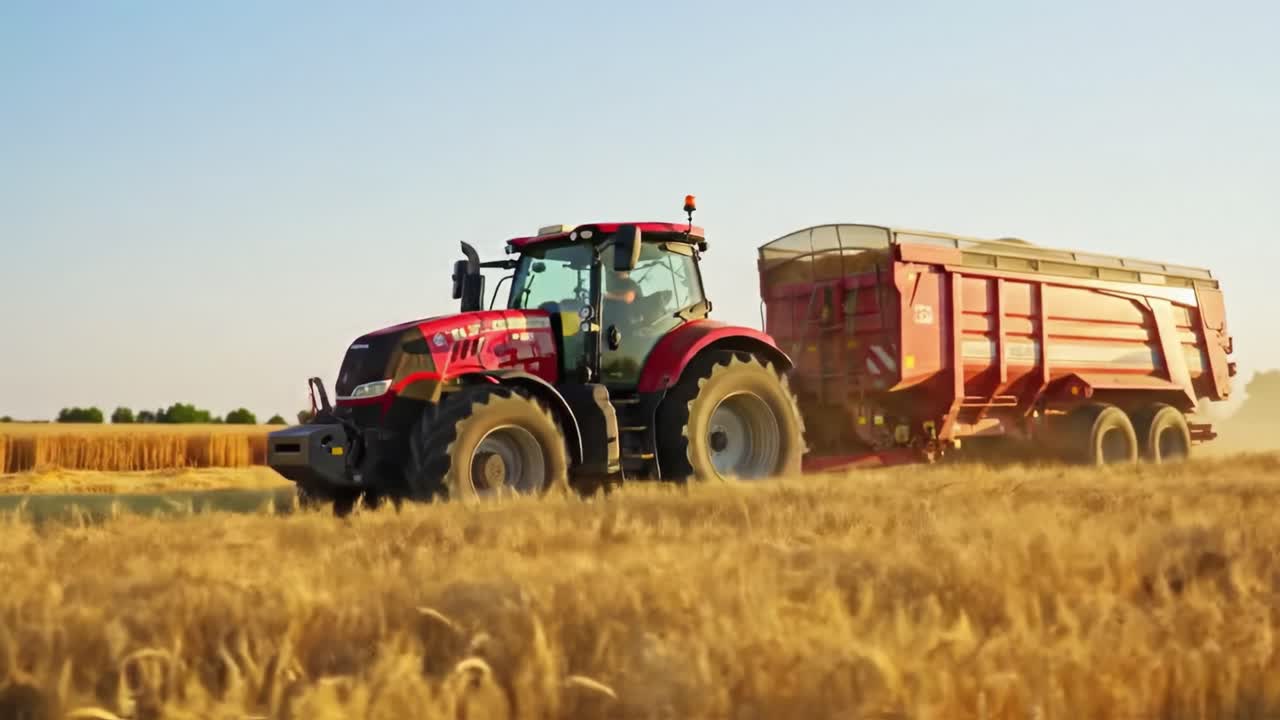 This vibrant scene captures the dynamic operation of a powerful tractor working diligently in a golden wheat field, showcasing agricultural productivity during a sunny day