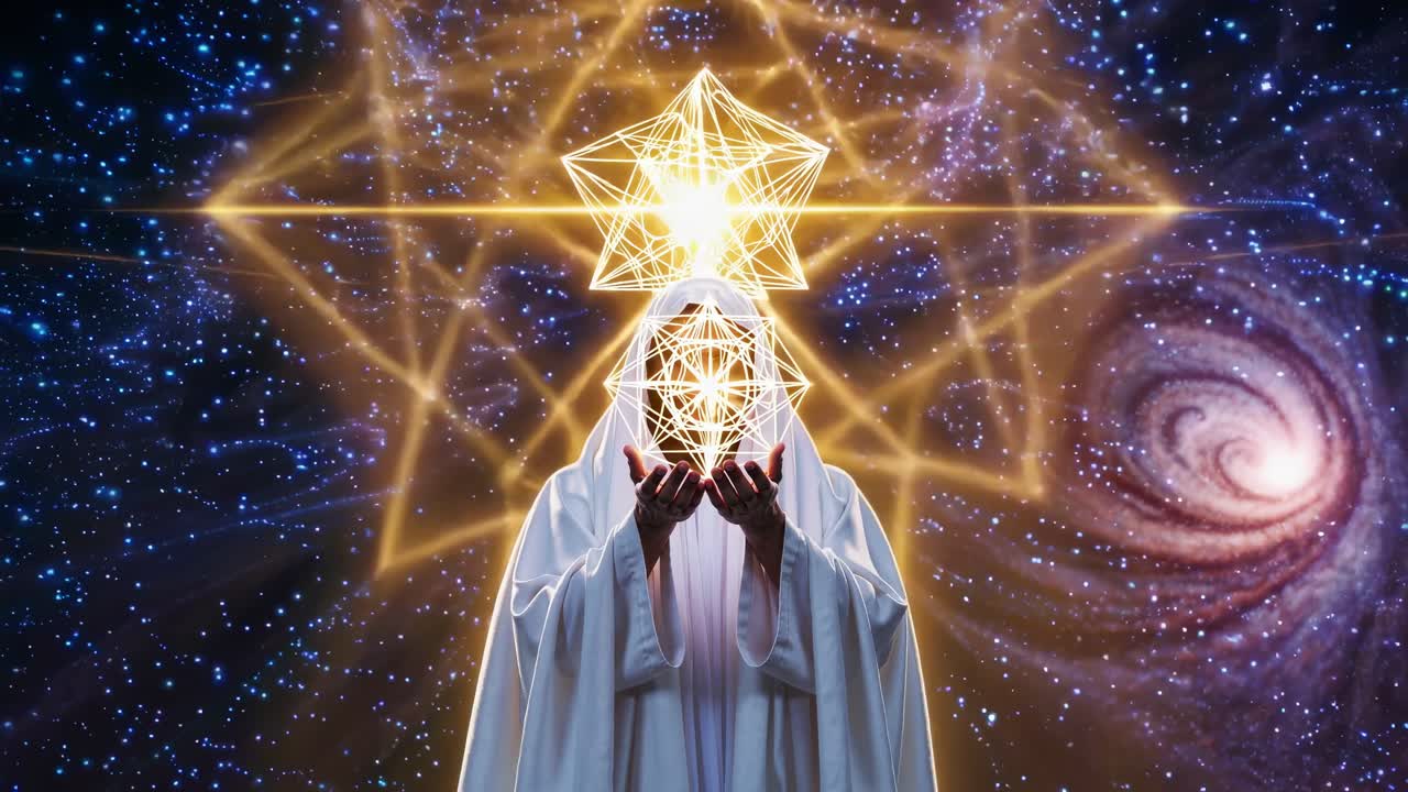 Cloaked figure presents glowing merkaba star against backdrop of galaxies and nebulae, symbolizing spiritual enlightenment and cosmic energy