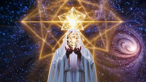 cloaked figure presents glowing merkaba star against backdrop of galaxies and nebulae, symbolizing spiritual enlightenment and cosmic energy