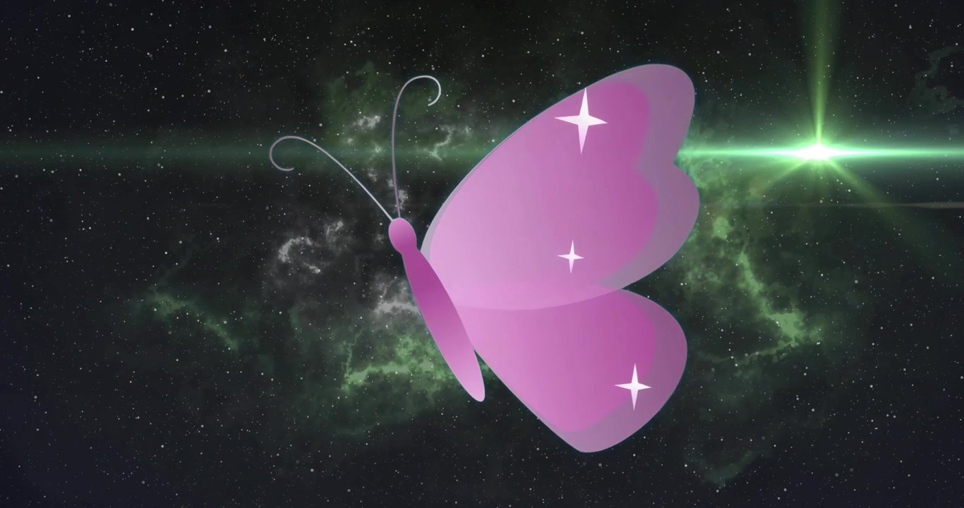 Scia di luce verde che appare da destra e si estende su una farfalla rosa-viola, producendo un bagliore dell'obiettivo.