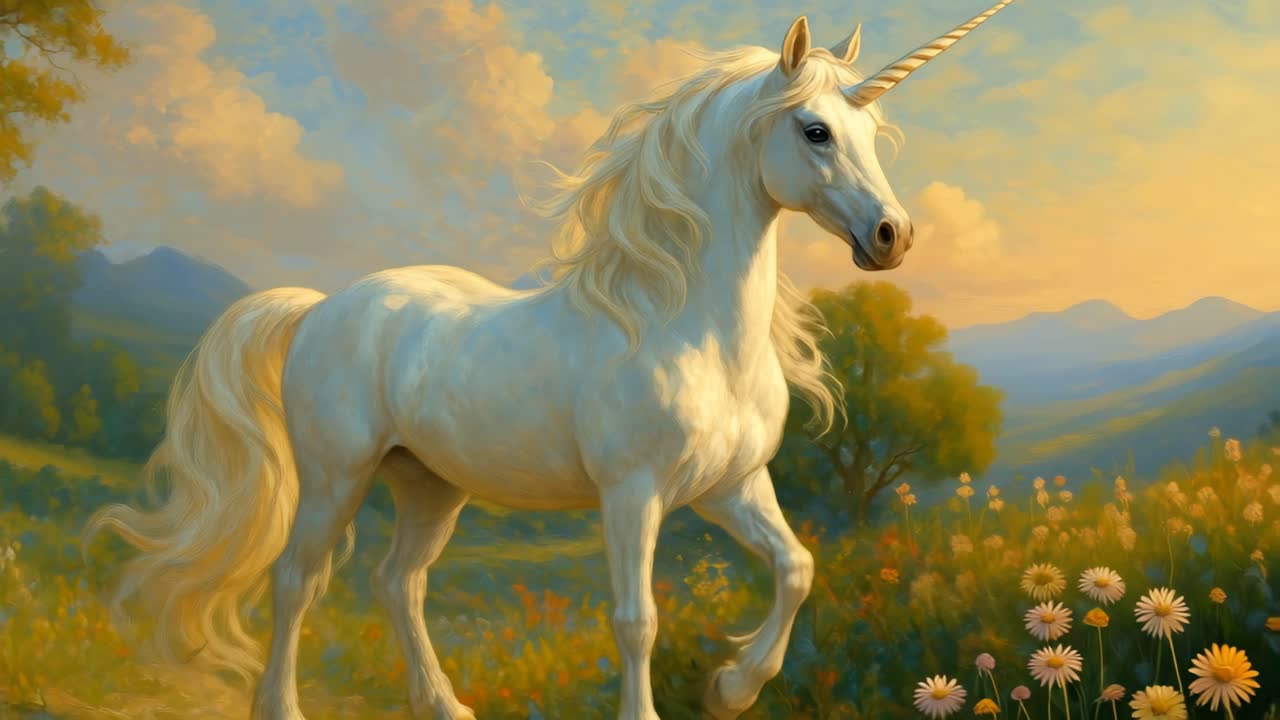 Un unicorno maestoso in un paesaggio lussureggiante, ripreso da una bassa angolazione. La scena evoca un video fiabesco