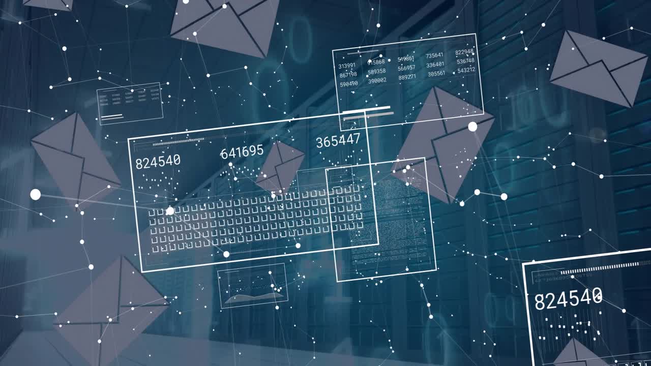 Animasjon av konvoluttikoner og digital databehandling over dataservere