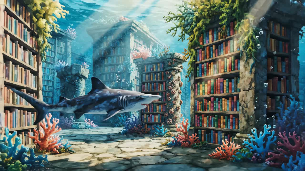 Undervandsbibliotek med hajer