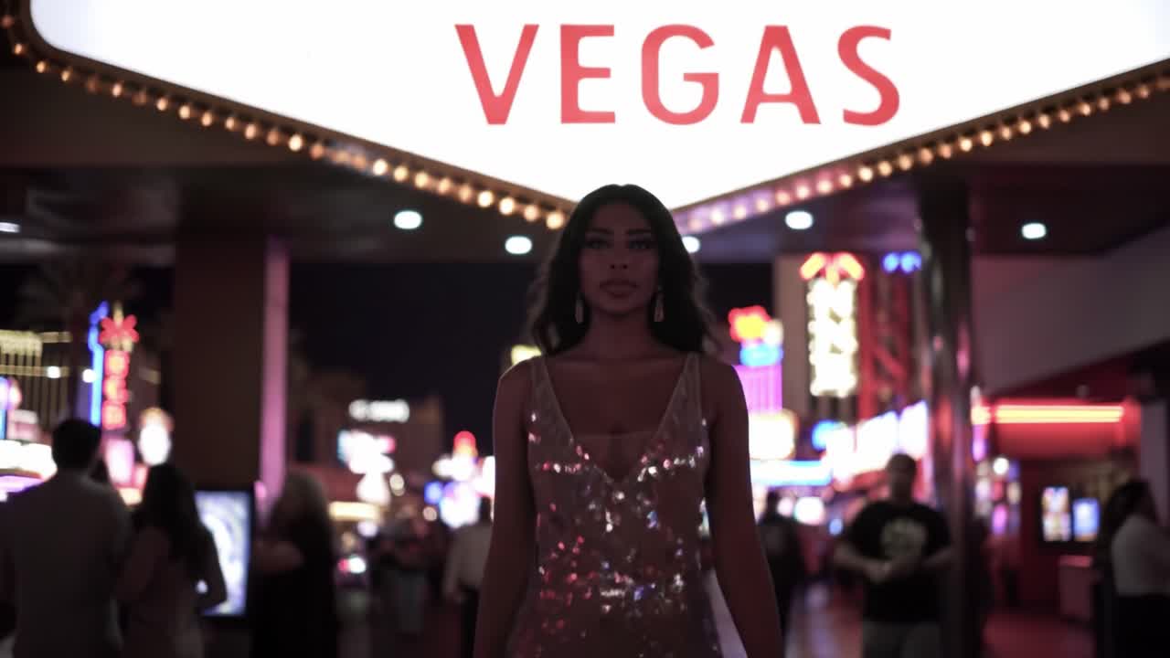 A Captivating Woman in Sparkling Attire Strides Confidently Through a Vibrant, Neon-Lit Street Scene, Signaling the Exciting Energy of Nightlife.