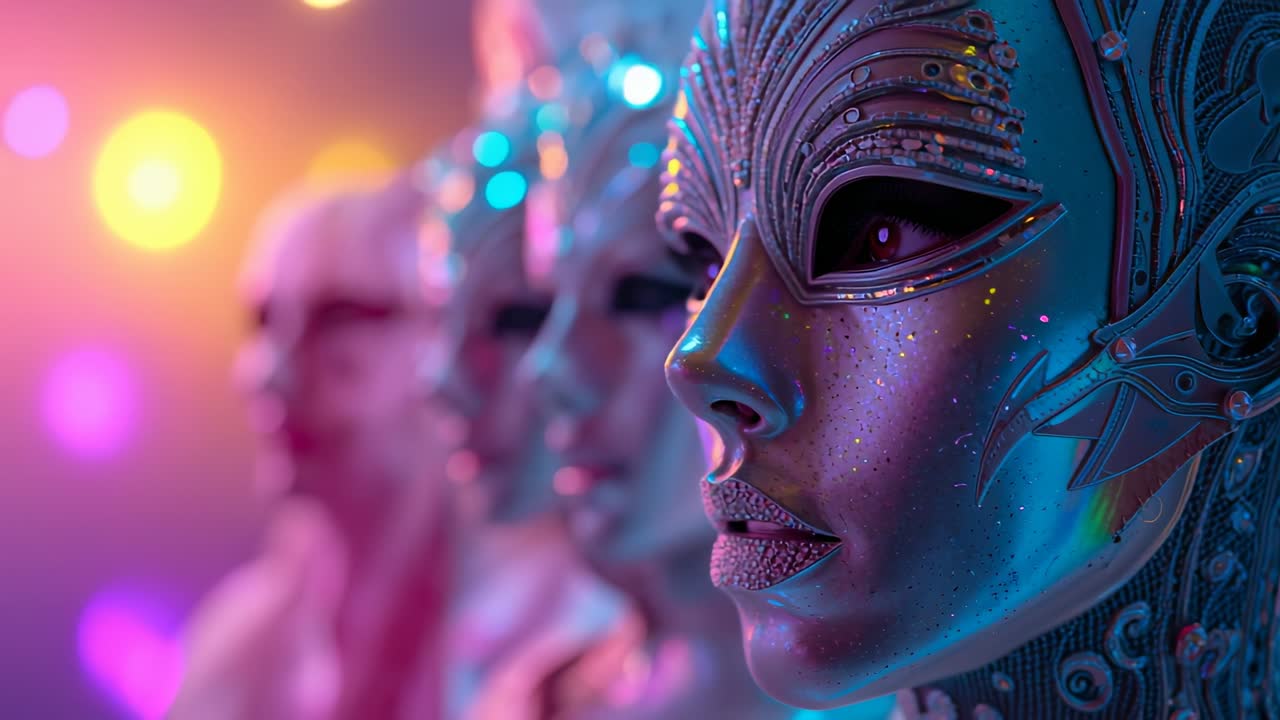 Glowing LED highlights sweeping metal mask catching amber pink glow at studio with bokeh copy space