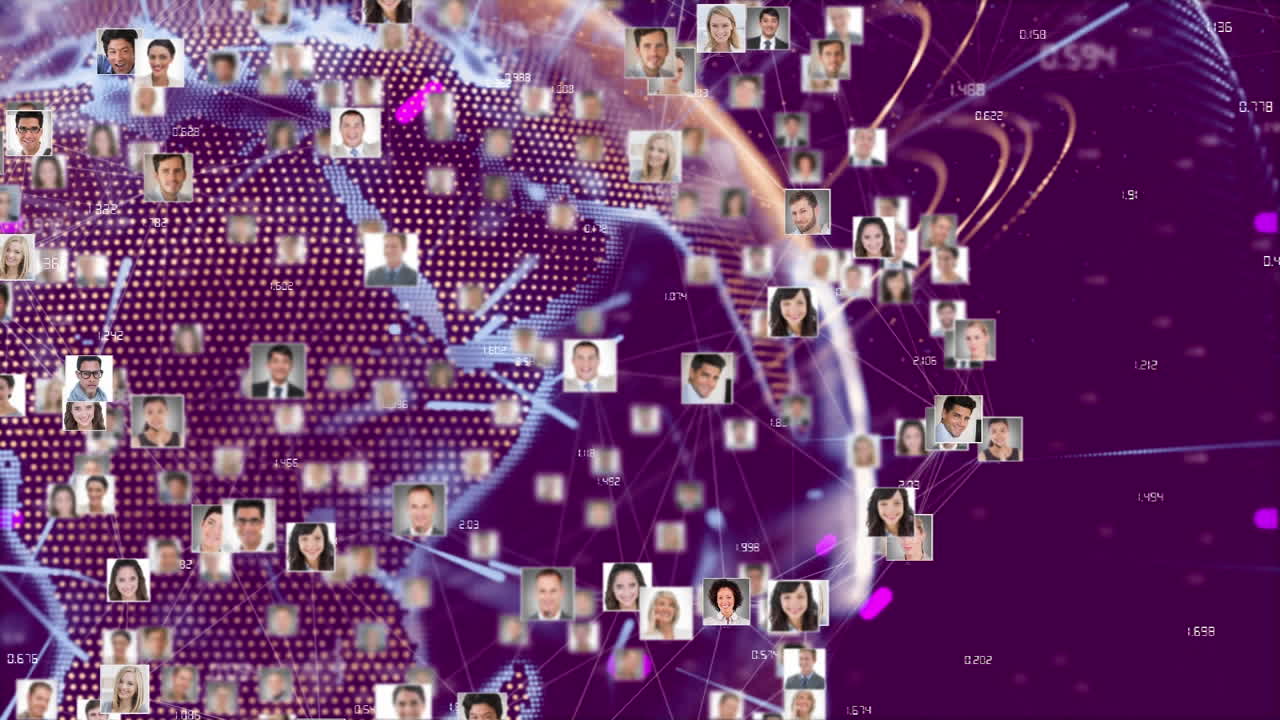 Globe of network of profile icons spinning over light trails against purple background