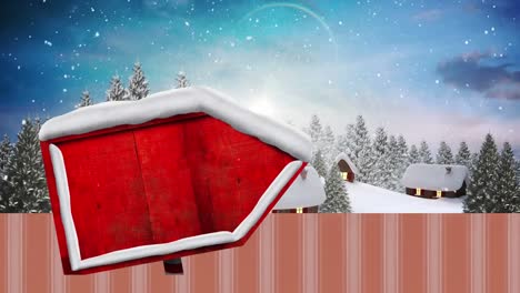 Animation-of-red-wooden-sign-board-with-snow-falling-and-winter-scenery