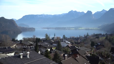 Wide-view-over-the-rooftops-of-houses-in-the-village-of-Sankt-Gilgen,-Salzburg-Austria