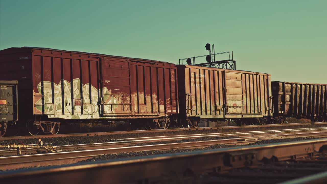 Freight Train Cargo Cars Departing Station at Empty Industrial City Railway Yard