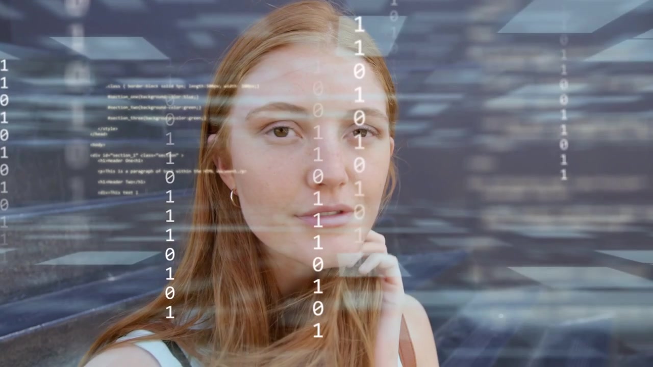 Woman brushing hair and reflecting on steps, gesture initiating binary overlay rising for tech demo