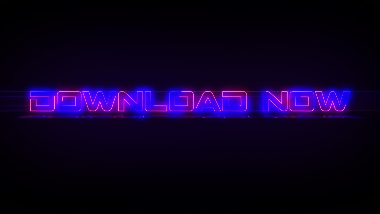 Flashing DOWNLOAD NOW electric blue and pink neon Sign flashing on and off with flicker, reflection, and anamorphic lights in 4k
