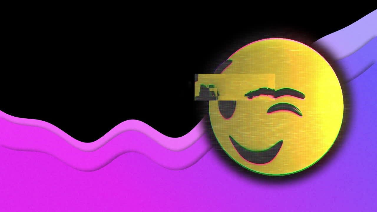 Animation of blinking emoticon over purple wave on black background