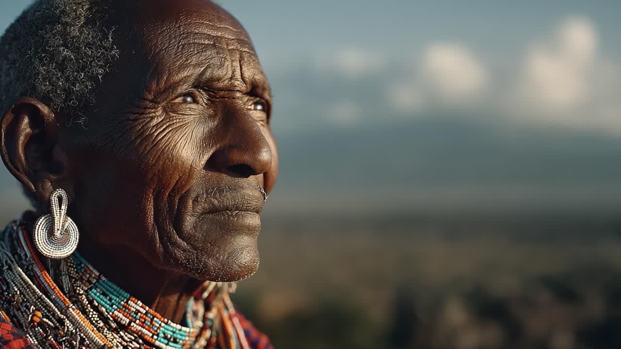 Una donna anziana persa nei pensieri, che cattura l'essenza della saggezza e del patrimonio, circondata dalla bellezza naturale e dal significato culturale in un paesaggio mozzafiato.
