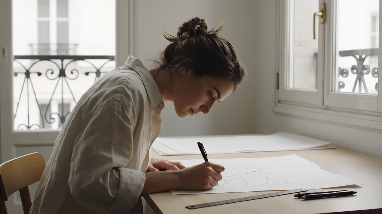 Woman Drawing and Sketching at a Desk