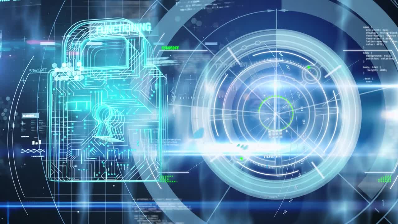 Animation of scope scanning and data processing with online security padlock