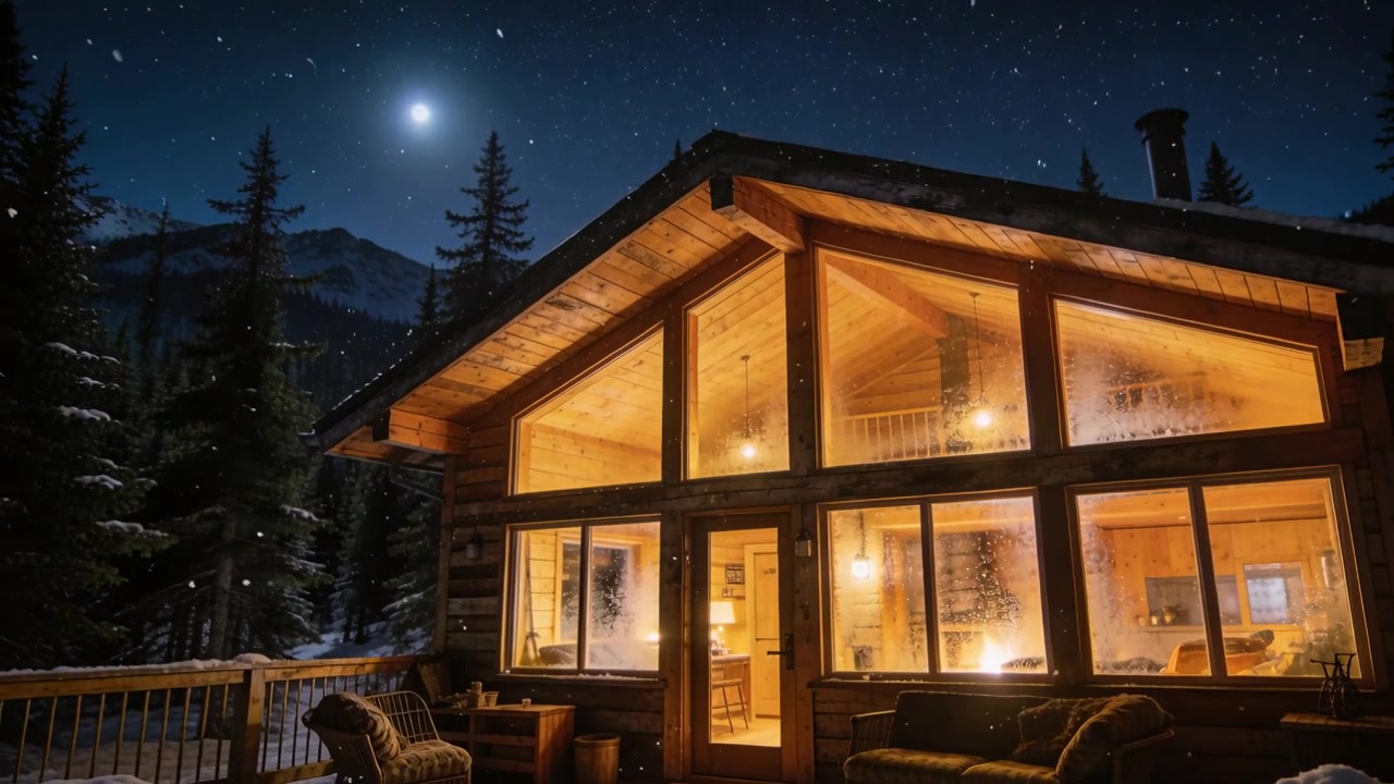 La caméra recule, révélant une cabane en bois éclairée avec des fenêtres triangulaires sur une terrasse enneigée, montrant la lune.