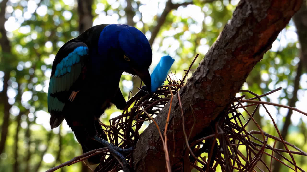 Blue Bird in a Nest in a Tropical Forest