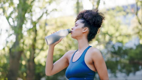 fitness, woman and drinking water after running