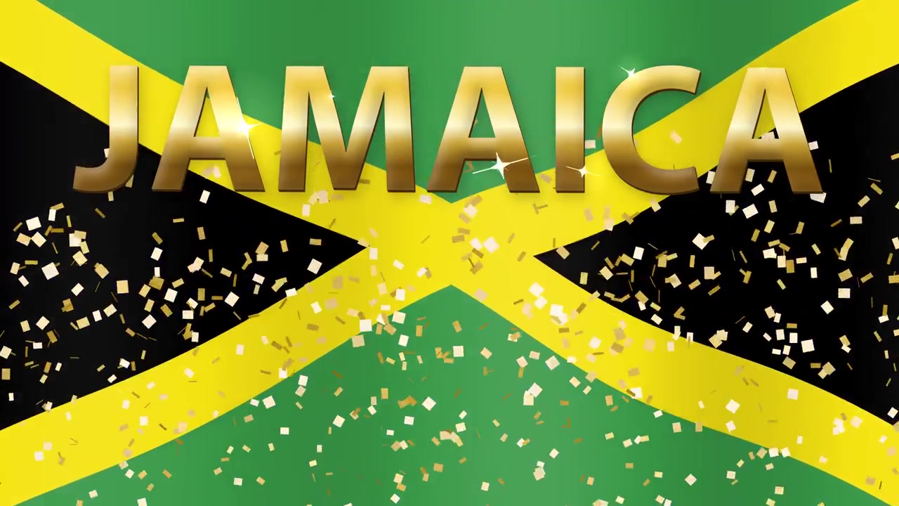 Animierter Hintergrund mit jamaikanischer Flagge, goldenem 3D-Text und schimmernden Glitzerpartikeln in Dauerschleife.