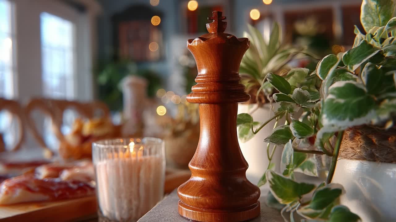 A Close-Up View of a Wooden Chess King Piece Surrounded by Elegant Decor and Soft Lighting, Capturing the Essence of Strategic Gameplay and Cozy Ambiance
