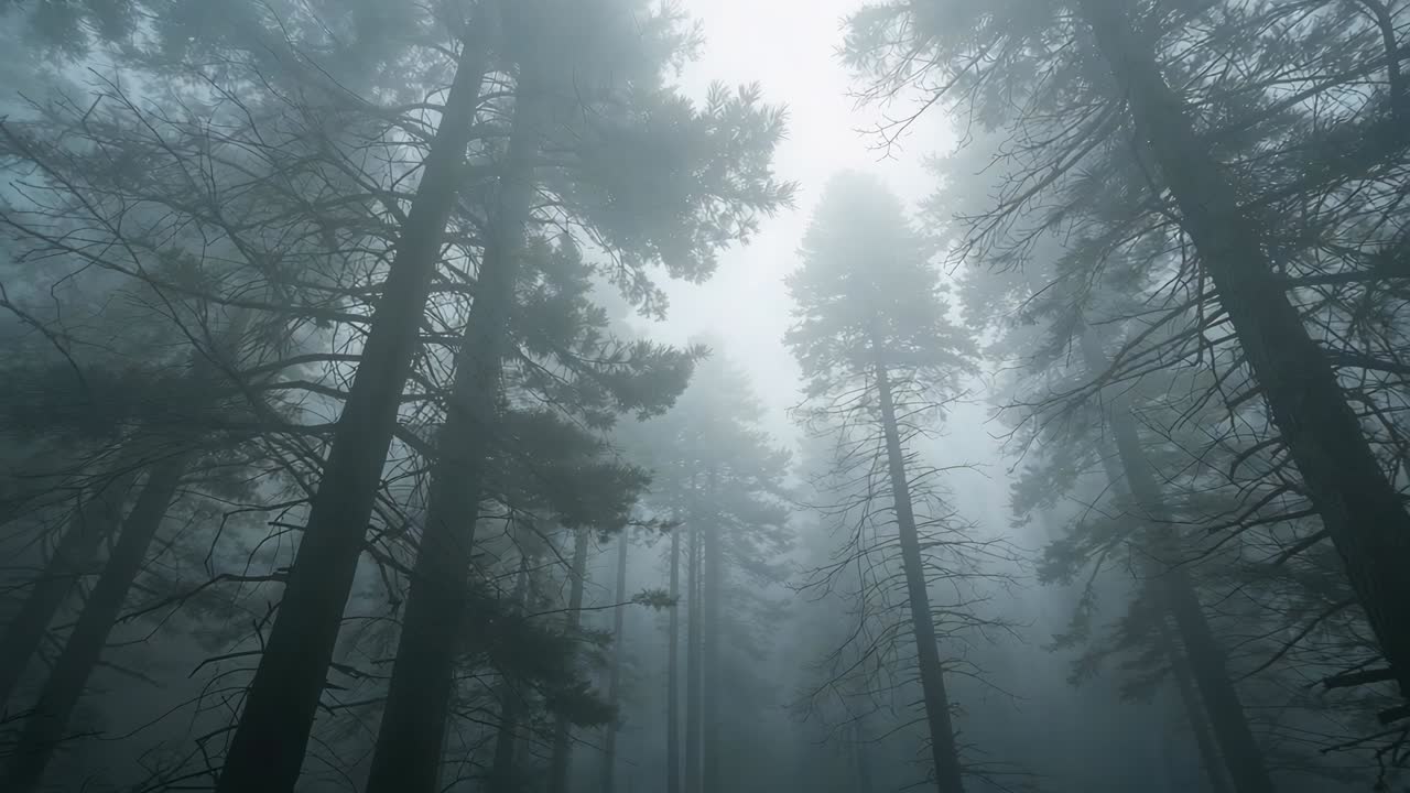 Panning low camera tilting upward at forest past tall pine crowns in mist, revealing sunlit sky