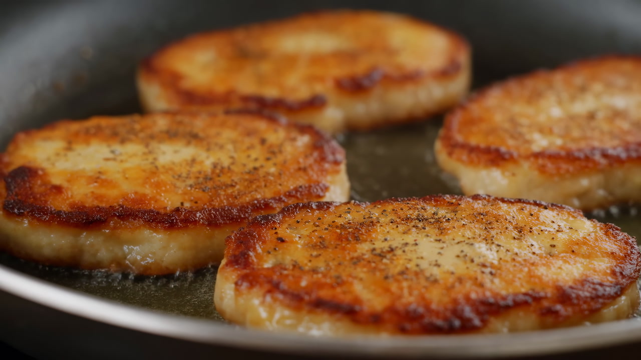 Golden Potato Rounds Sizzling In Skillet, Closeup Of Crispy Browned Edges With Butter Glaze And Cracked