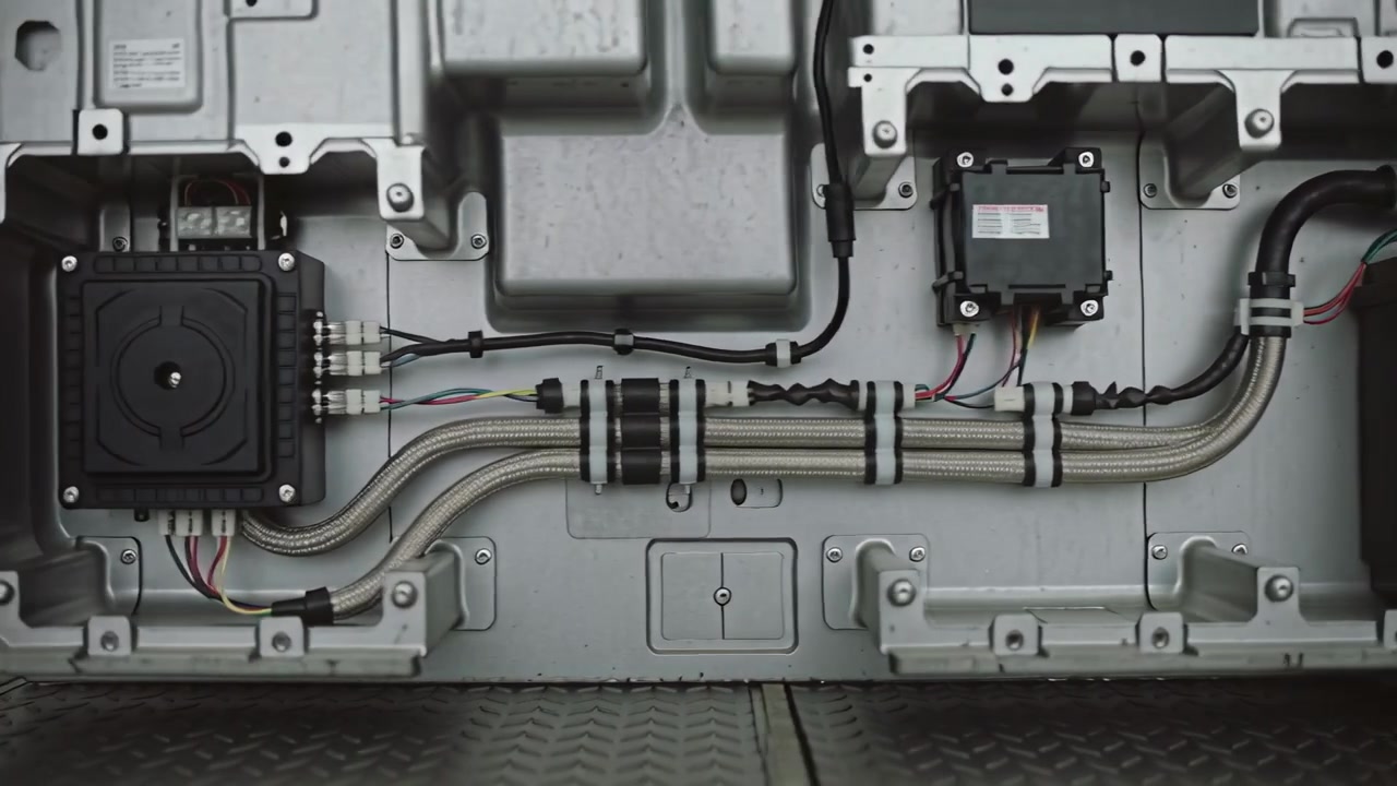 Starting camera panning leftward across metal bay, showing harness routing and battery connections