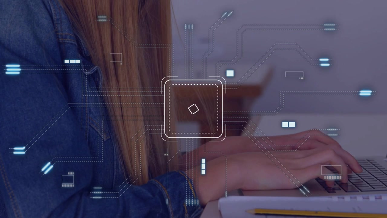 Studente adolescente che digita sul laptop, creando elementi HUD animati che convergono in un quadrato pulsante, mentre studia.