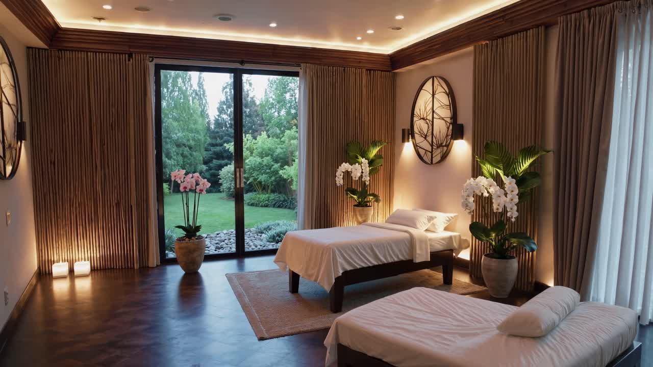 Wide-angle video shot of a serene spa room with two massage tables, soft lighting, and large windows