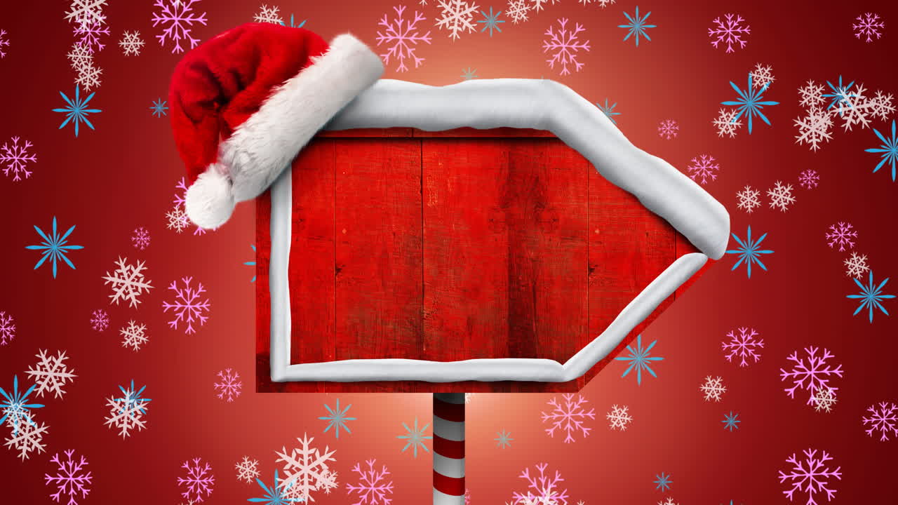 animación de copos de nieve que caen sobre un cartel de madera en blanco con espacio para copiar