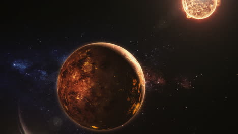una animación vfx de un planeta de fuego rojo y una estrella ardiente en el espacio profundo