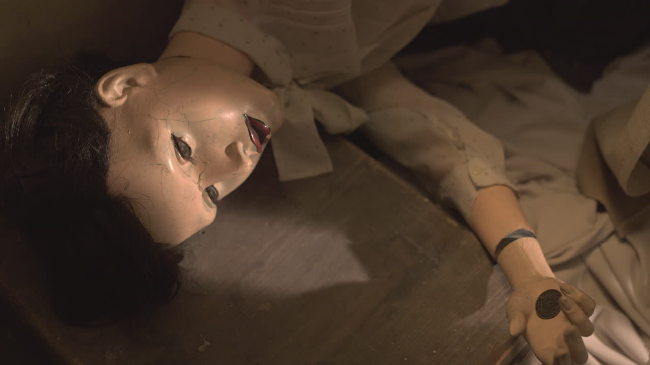 Mannequin lying on the floor behind a curtain, slow camera pan reveal in a vintage shop